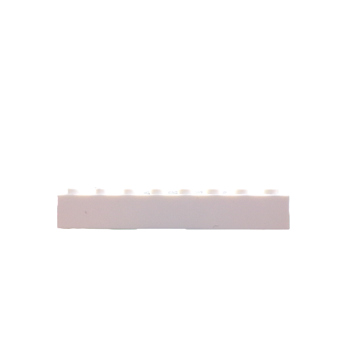 A 2X8 BRICKS white plastic brick viewed from the side, isolated on a plain white background.