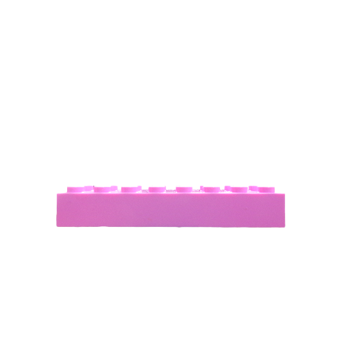 A single 2X8 brick in pink, featuring studs on top, isolated against a white background.