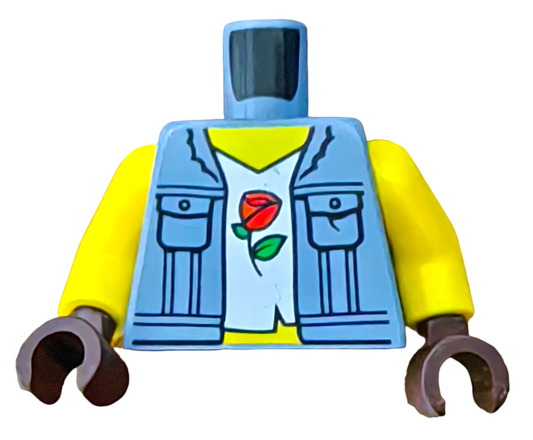 LEGO , Torso Denim Vest with Pockets, White Shirt, Red Rose Pattern - UB1434