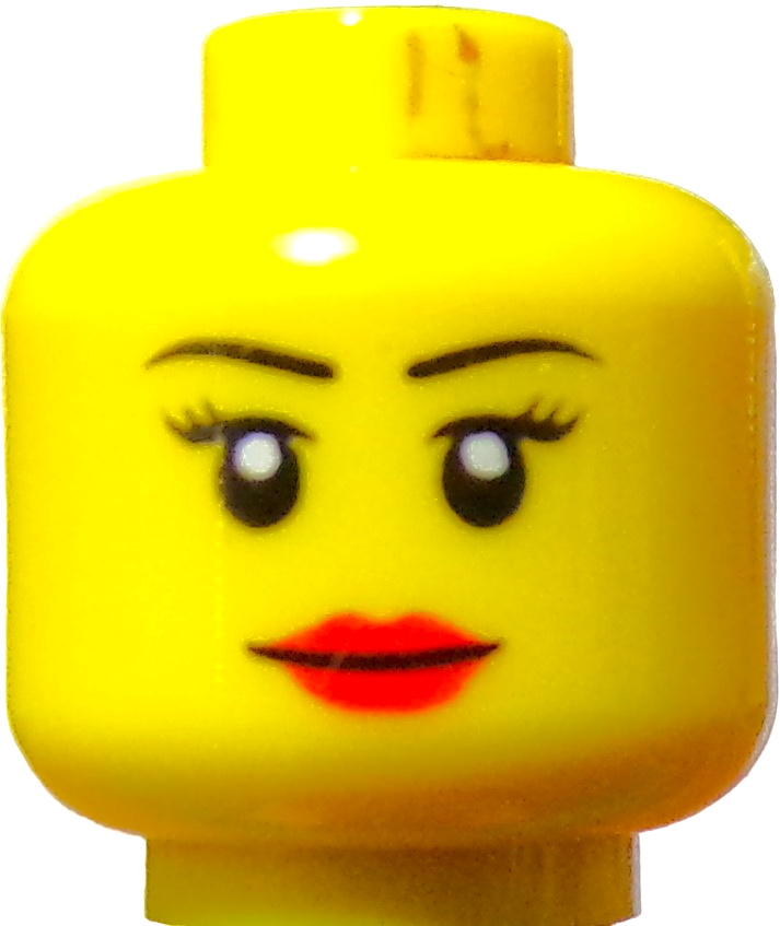 A LEGO Minifigure Heads piece in yellow featuring printed eyes with eyelashes, arched eyebrows, and red lipstick.