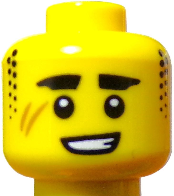 Close-up of a yellow LEGO Minifigure Heads product with a smiling face, raised eyebrows, and black dot stubble on the sides.