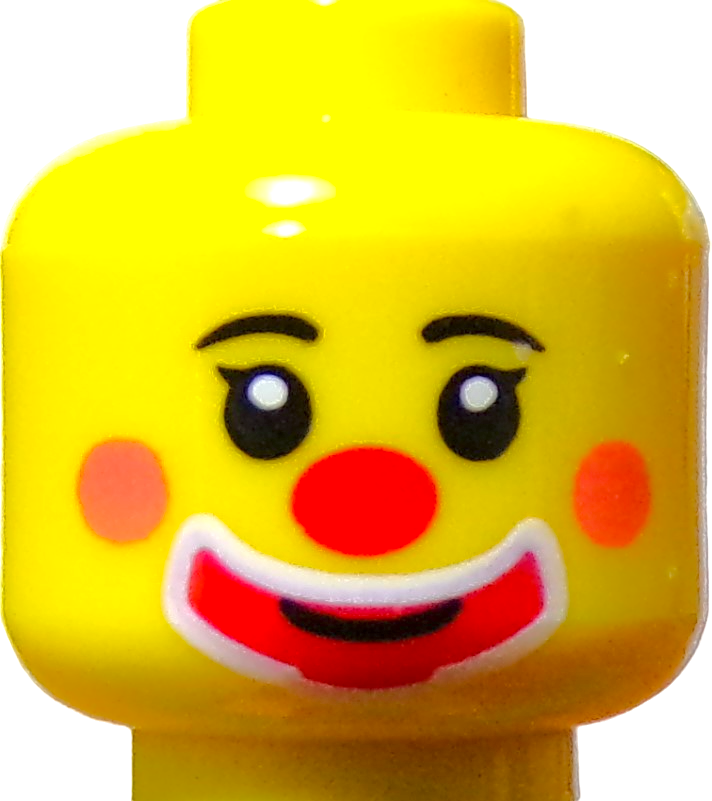 A LEGO Minifigure Head featuring a clown face with a wide red and white smile, rosy cheeks, and expressive eyes with painted eyelashes.