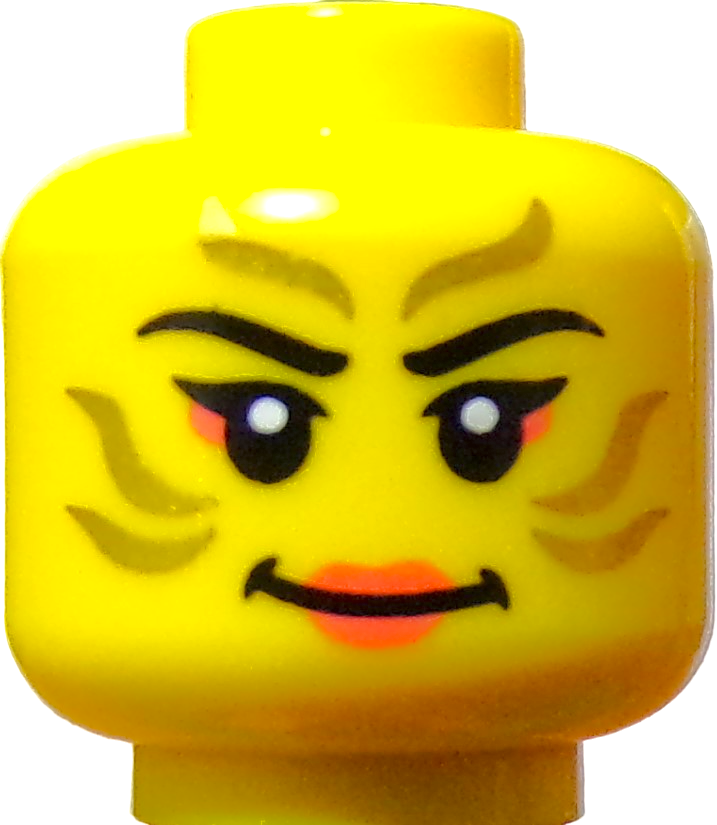 A close-up of a LEGO Minifigure Head reveals a yellow face with mischievous eyes, black eyebrows, subtle orange blush, and a confident smile.