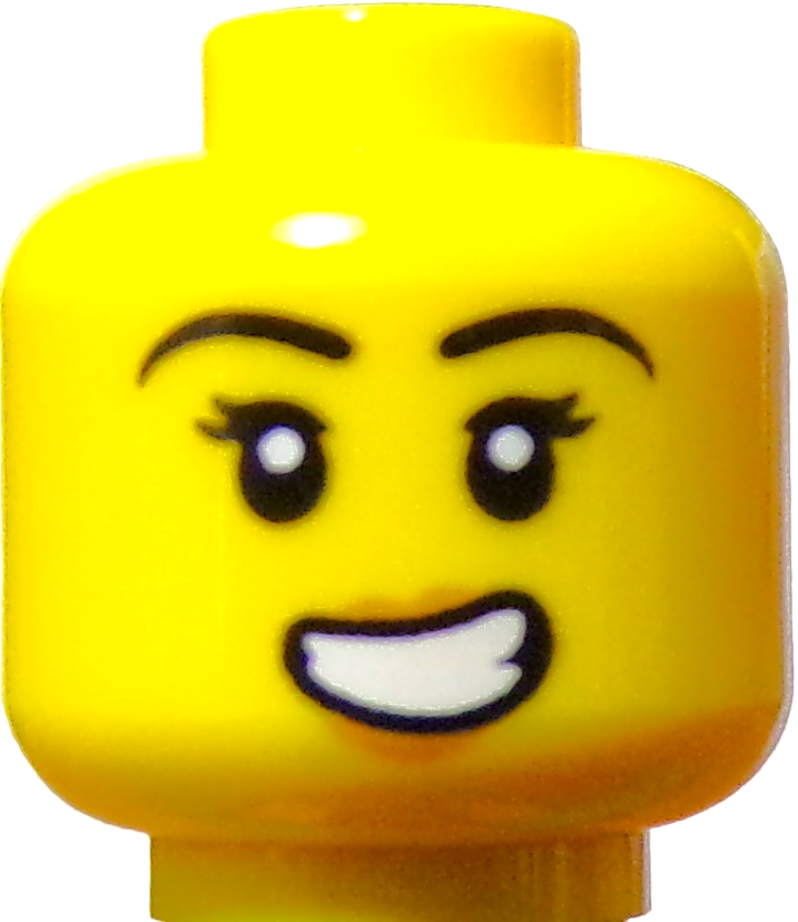 A yellow LEGO Minifigure Heads piece showcases a smiling face with wide eyes, black eyebrows, and a subtle dimpled expression.