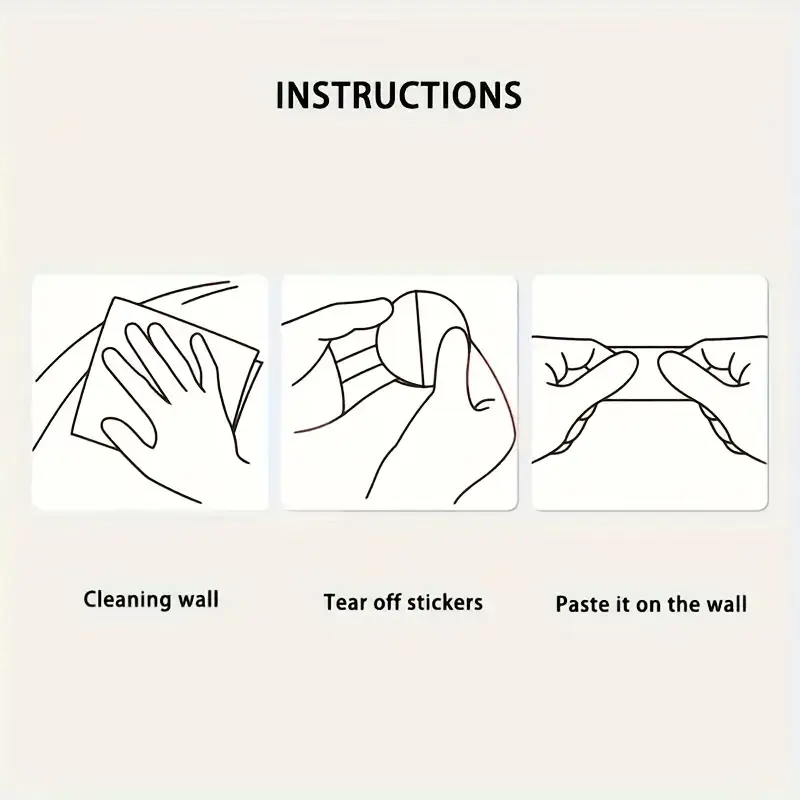 Instructions in three steps: 1. Illustration of a hand cleaning the wall. 2. Hands removing stickers from Creative Building Block Wall Hooks with strong adhesive, no-drill design. 3. Hands affixing the hook sticker onto the wall surface, beneath the heading INSTRUCTIONS.