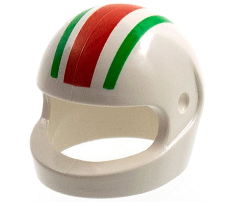 The white motorcycle helmet for minifigures, featuring red and green stripes, has a wide face opening and side holes. Its perfect for customizing to fit any characters style.