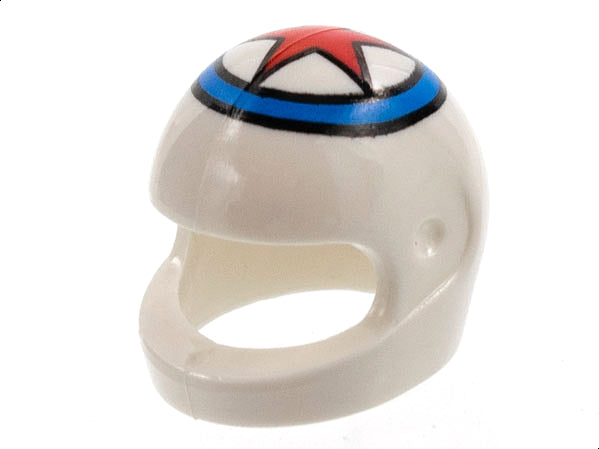 A small, vintage-style white toy helmet featuring a blue and black stripe with a red star on top. It has an open front and round sides, ideal for minifigures customizing their motorcycle helmets collection. Part of the Motorcycle Helmets for Minifigures in various colors and styles.