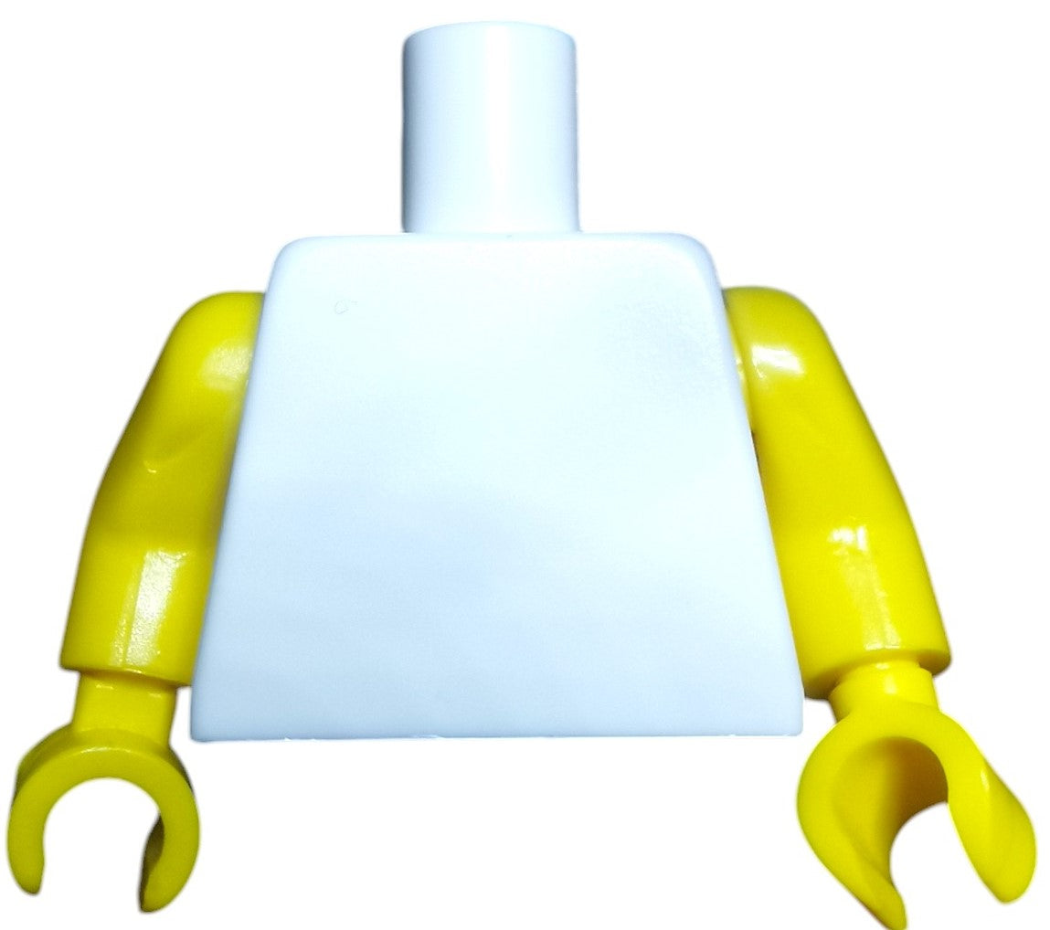 A Minifigure Keyring Torsos piece featuring yellow arms and a white body, with clips for hands and a cylindrical neck peg for head attachment.