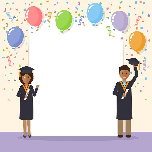 Two graduates in caps and gowns holding diplomas stand beside a blank white space, with colorful balloons and confetti at the top. Product Name: Graduate Backgrounds.
