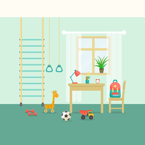 Illustration from KIDS BACKGROUNDS featuring a childs room with a desk, chair, lamp, books, owl clock, plant, backpack, gym rings, ladder, toy giraffe and dump truck on a green carpet alongside a dumbbell and soccer ball.