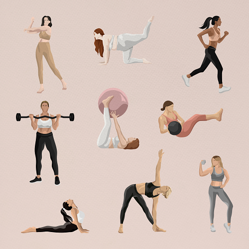 The FITNESS BACKGROUND features illustrations of eight diverse women engaging in activities like running, weightlifting, exercising with a ball, yoga, and strength training, all set against a light pink backdrop.